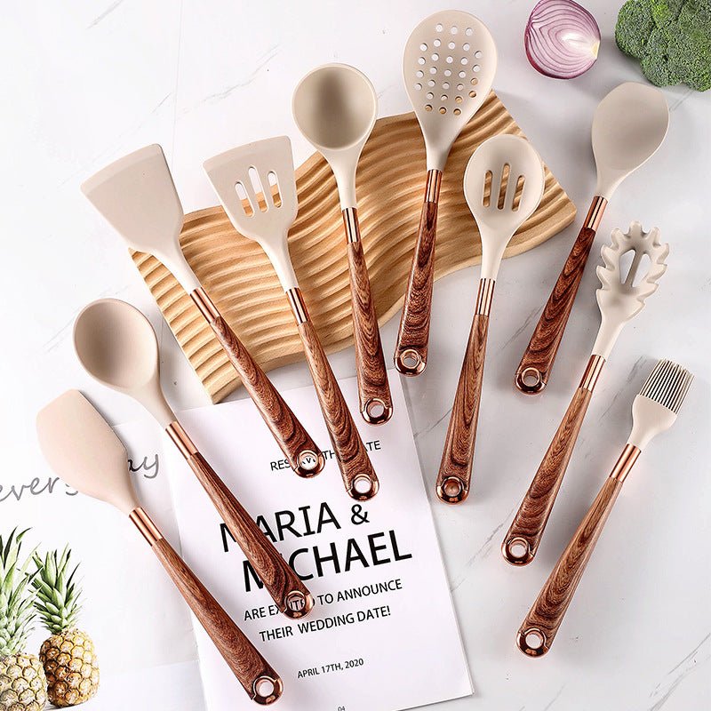 10 Pieces Kitchen Tools Set Wooden Handle Cooking Kitchen Utensil Set Silicone Utensils - Coffee Zest online shop