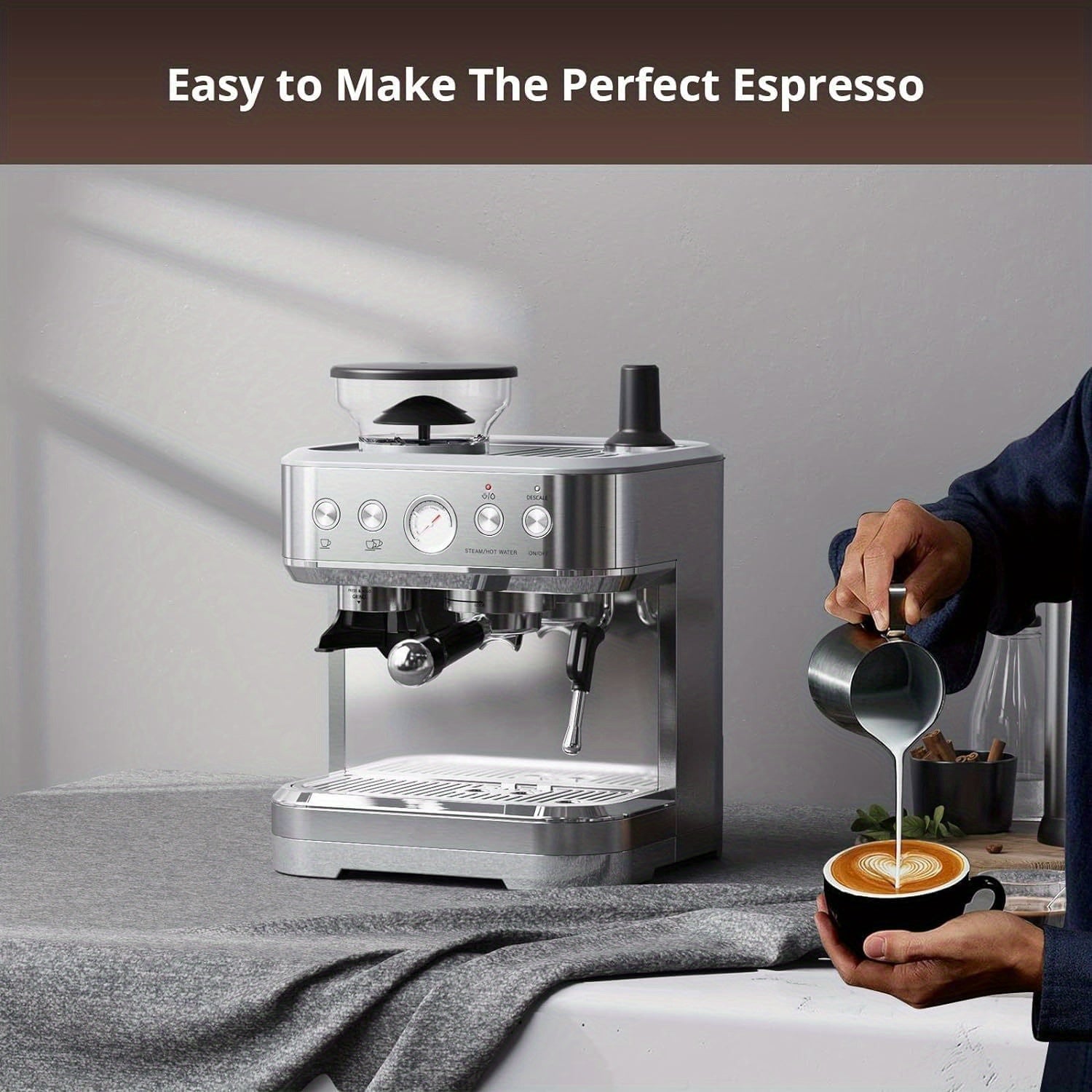 Espresso Coffee Machine with Integrated Bean Grinder 2.3 L Water Tank 15 Bar Italian Pump Automatic Espresso Coffee Maker with Milk Frother for Cappuccino Latte