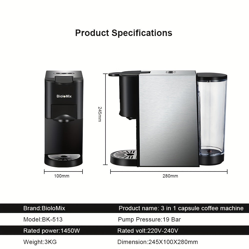 3 in 1 Espresso Coffee Machine 19Bar 1450W Multiple Capsule Coffee Maker Fit Nespresso, Dolce Gusto and Coffee Powder