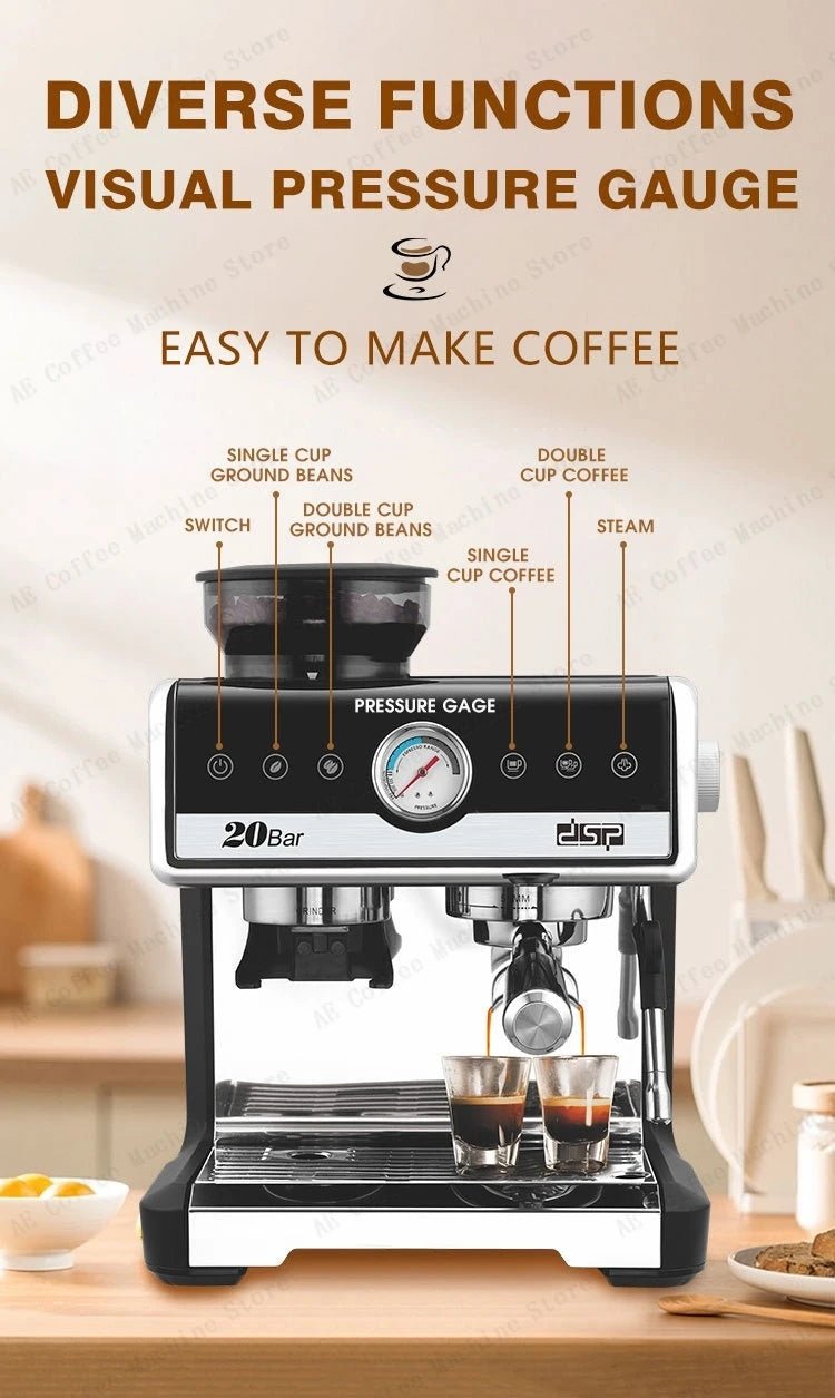 20Bar power Espresso Coffee Machine Integrated Grinder Steam Milk Frothing Adjustable Grinding - Coffee Zest online shop