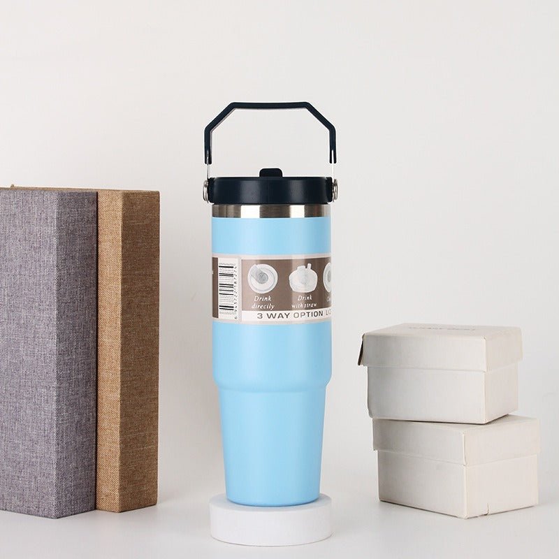 30oz Portable Car Cup Stainless Steel Cup Travel Sports Water Bottle With Handle Cover Coffee Tumbler Cup - Coffee Zest online shop