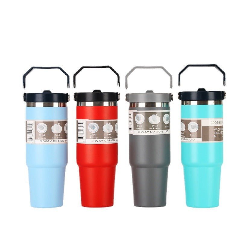 30oz Portable Car Cup Stainless Steel Cup Travel Sports Water Bottle With Handle Cover Coffee Tumbler Cup - Coffee Zest online shop
