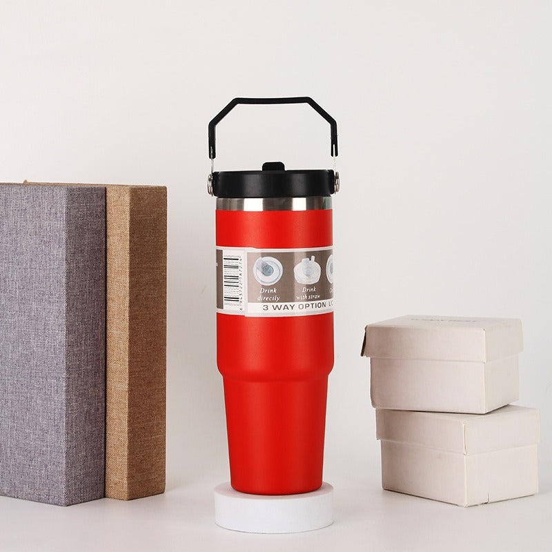 30oz Portable Car Cup Stainless Steel Cup Travel Sports Water Bottle With Handle Cover Coffee Tumbler Cup