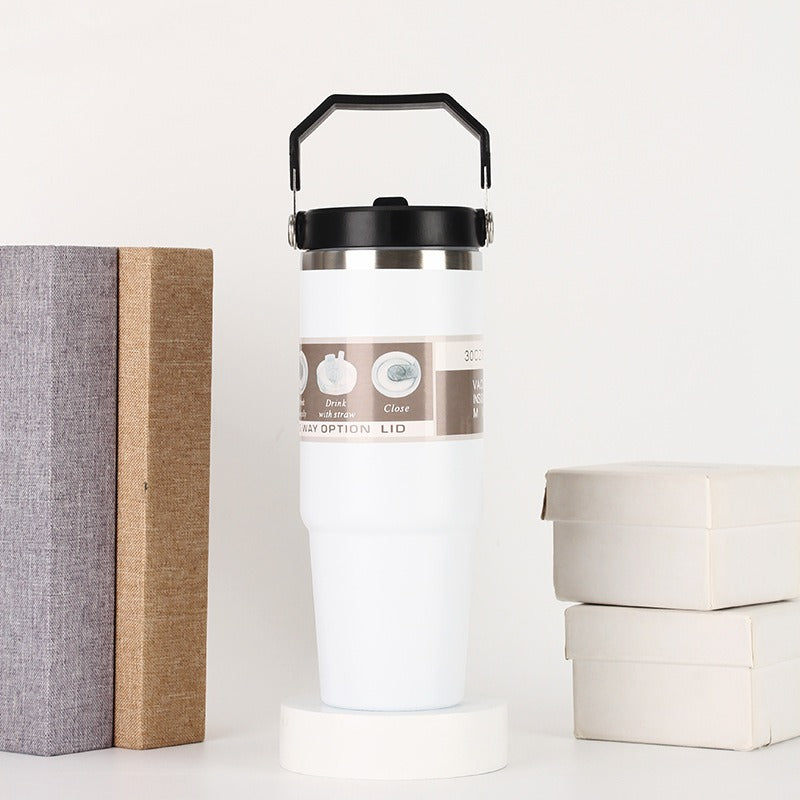 30oz Portable Car Cup Stainless Steel Cup Travel Sports Water Bottle With Handle Cover Coffee Tumbler Cup