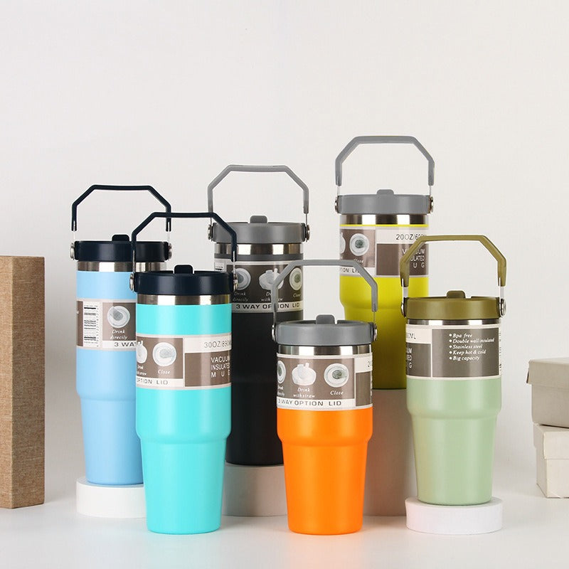 30oz Portable Car Cup Stainless Steel Cup Travel Sports Water Bottle With Handle Cover Coffee Tumbler Cup