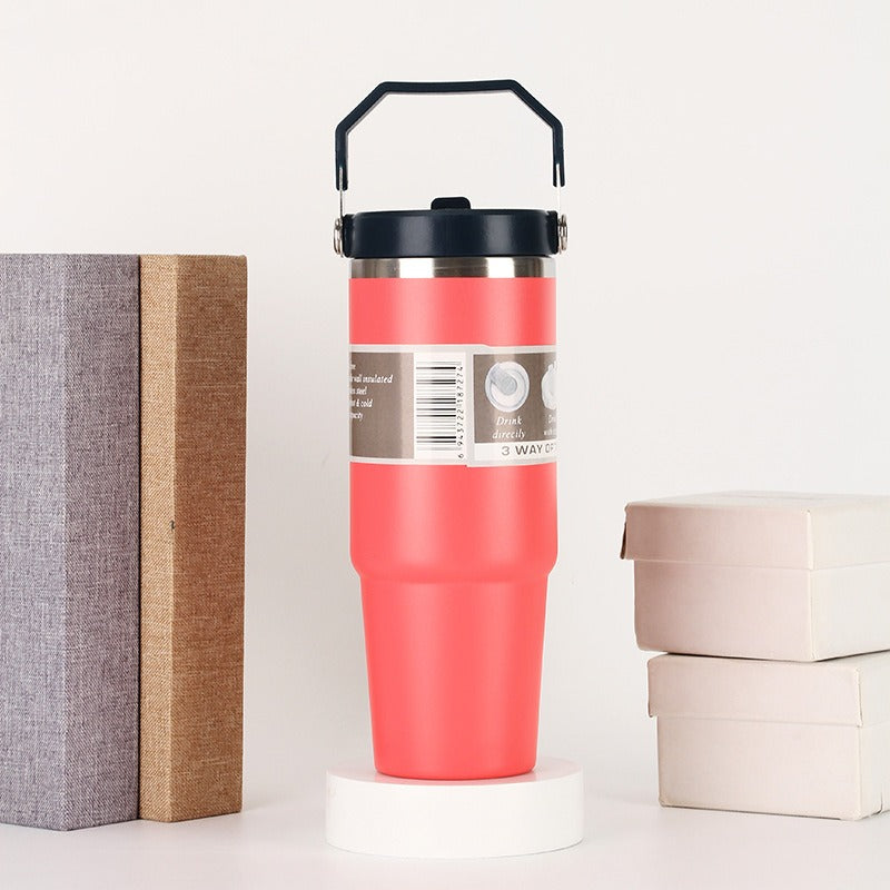30oz Portable Car Cup Stainless Steel Cup Travel Sports Water Bottle With Handle Cover Coffee Tumbler Cup