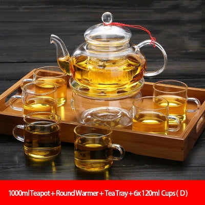 Elegant Glass Tea Set Borosilicate Glass Teapot With Cups Bamboo Tea Tray Tea Set Kettle Warmer Glass Teapot Giftset