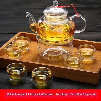 Elegant Glass Tea Set Borosilicate Glass Teapot With Cups Bamboo Tea Tray Tea Set Kettle Warmer Glass Teapot Giftset