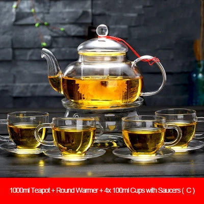 Elegant Glass Tea Set Borosilicate Glass Teapot With Cups Bamboo Tea Tray Tea Set Kettle Warmer Glass Teapot Giftset