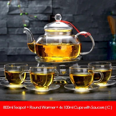 Elegant Glass Tea Set Borosilicate Glass Teapot With Cups Bamboo Tea Tray Tea Set Kettle Warmer Glass Teapot Giftset