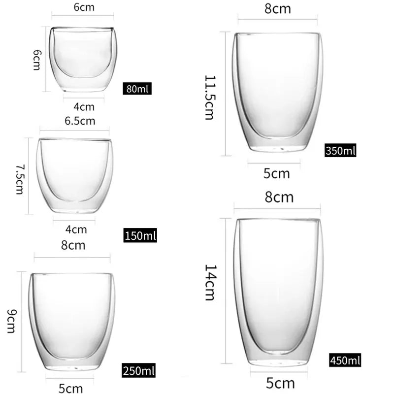 5 Sizes 6 Pack Clear Double Wall Glass Coffee Mugs Insulated Layer Cups Set for Bar Tea Milk Juice Water Espresso Shot Glass