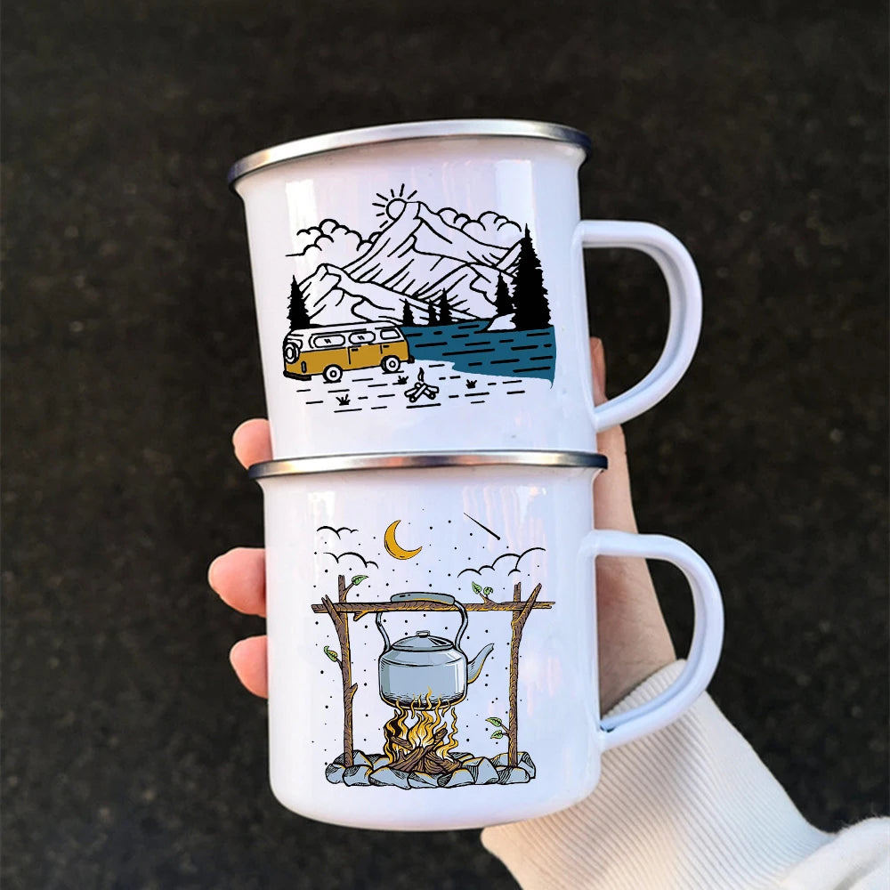 Caravan Printed Mugs Camping Enamel Mug  Adventure Cup Mountain Handle Campers