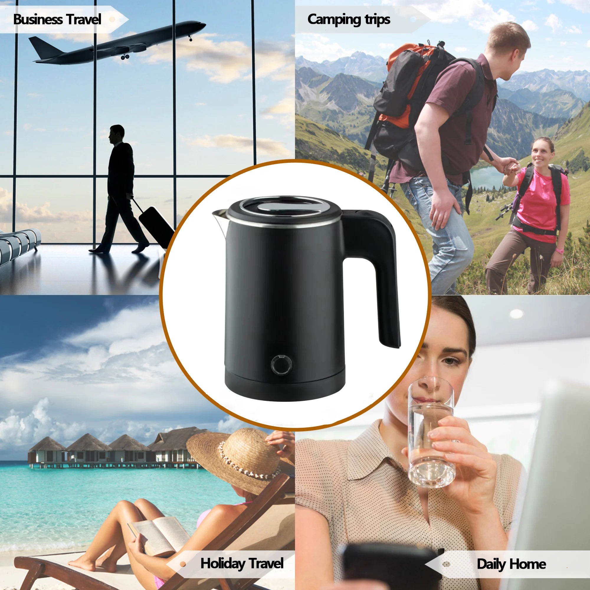 Travel Electric Kettle Tea Coffee 0.8L Stainless Steel Portable