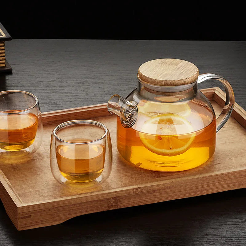 Heat Resistant Glass Tea Infuser Pot  With Wooden Cover Flower Tea kettle Coffee Cup Teapot Set