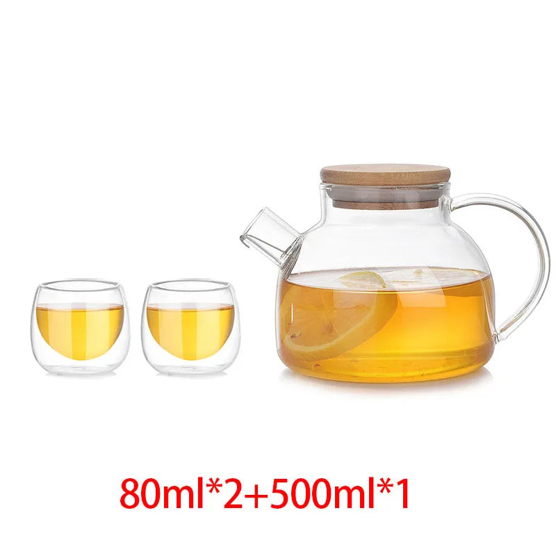 Heat Resistant Glass Tea Infuser Pot  With Wooden Cover Flower Tea kettle Coffee Cup Teapot Set