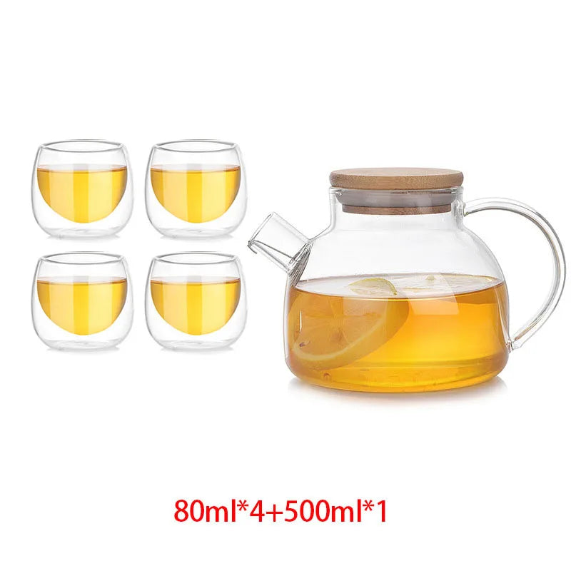 Heat Resistant Glass Tea Infuser Pot  With Wooden Cover Flower Tea kettle Coffee Cup Teapot Set