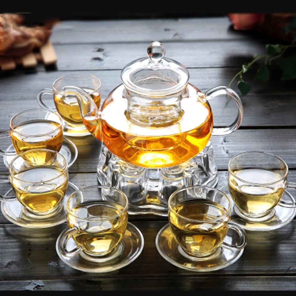 Elegant Glass Tea Set Borosilicate Glass Teapot With Cups Bamboo Tea Tray Tea Set Kettle Warmer Glass Teapot Giftset - Coffee Zest online shop