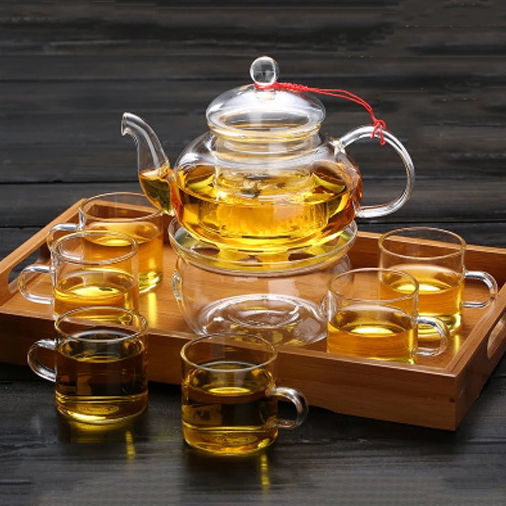 Elegant Glass Tea Set Borosilicate Glass Teapot With Cups Bamboo Tea Tray Tea Set Kettle Warmer Glass Teapot Giftset - Coffee Zest online shop
