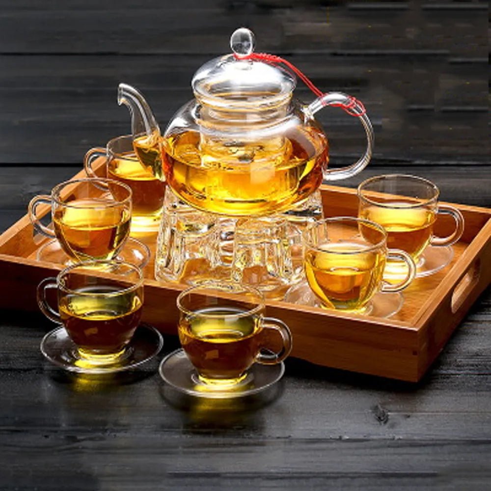 Elegant Glass Tea Set Borosilicate Glass Teapot With Cups Bamboo Tea Tray Tea Set Kettle Warmer Glass Teapot Giftset - Coffee Zest online shop