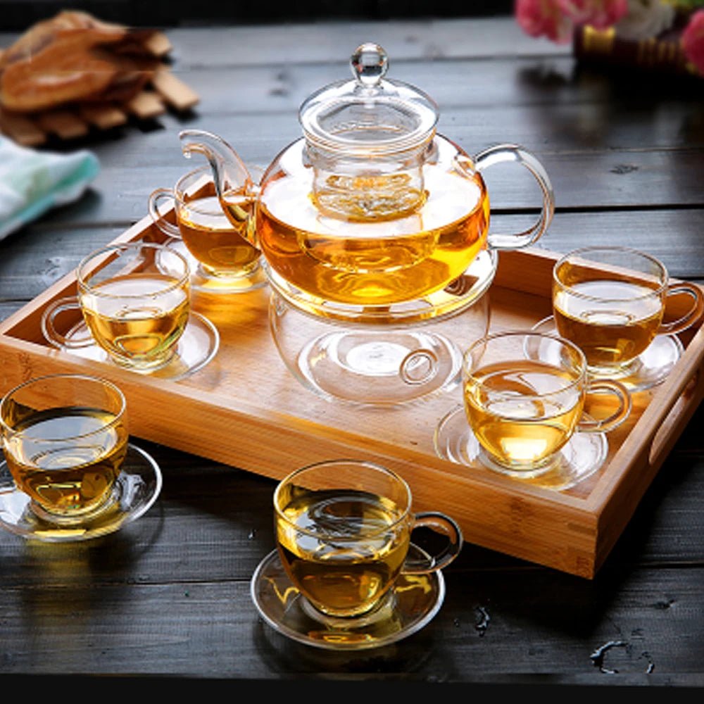 Elegant Glass Tea Set Borosilicate Glass Teapot With Cups Bamboo Tea Tray Tea Set Kettle Warmer Glass Teapot Giftset - Coffee Zest online shop