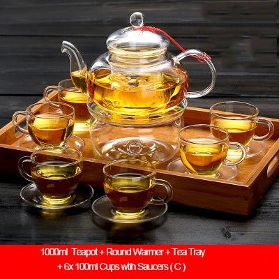 Elegant Glass Tea Set Borosilicate Glass Teapot With Cups Bamboo Tea Tray Tea Set Kettle Warmer Glass Teapot Giftset - Coffee Zest online shop