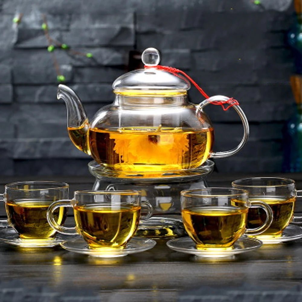 Elegant Glass Tea Set Borosilicate Glass Teapot With Cups Bamboo Tea Tray Tea Set Kettle Warmer Glass Teapot Giftset - Coffee Zest online shop