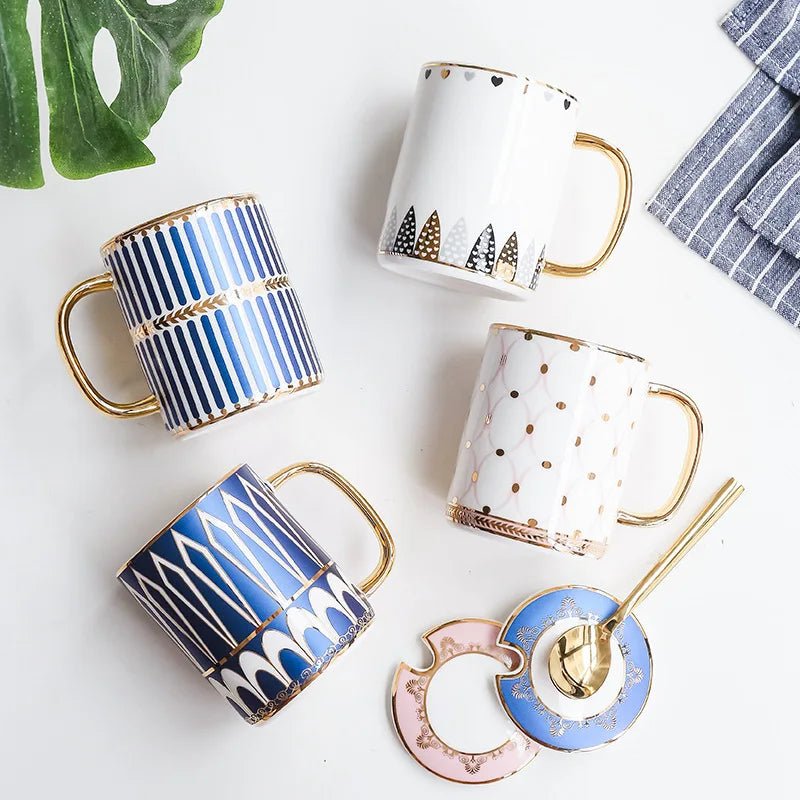 Luxury Gold Ceramic Coffee Mug Nordic Geometry Coffee Cup Gold Breakfast Milk Water Cup Couple Creative Gifts Drinkware 350ml - Coffee Zest online shop