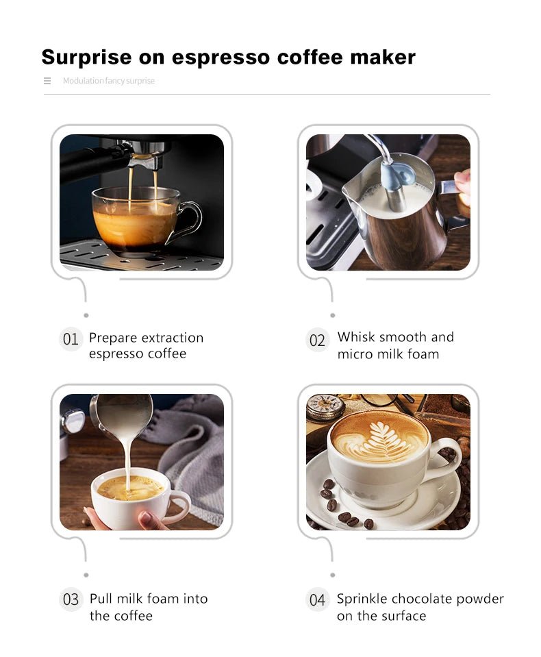 Semi - automatic espresso coffee machine 20Bar pressure extractor 3 - in - 1 with milk frother - Coffee Zest online shop